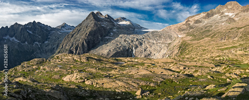 Panoramic view of the glaciers of Mount Adamello from the Rifugio Città di Trento to the Mandron. photo