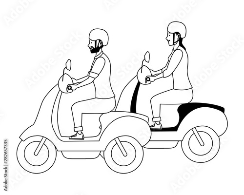 People riding scooters motorcycles cartoon in black and white