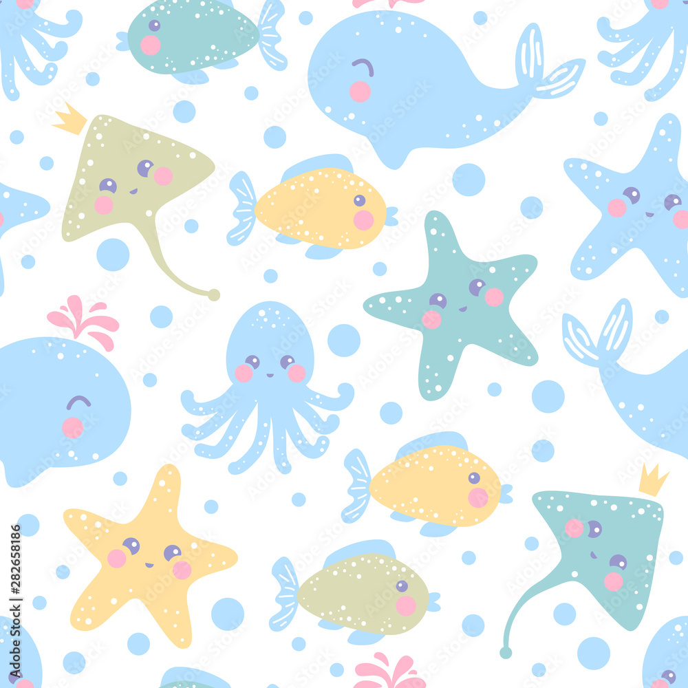 Seamless sea pattern with whale, ramp, fish, starfish, octopus. Vector illustarion. Childish vector seamless ocean wallpaper. Perfect for wallpaper, pattern fill, web page backgrounds, surface texture