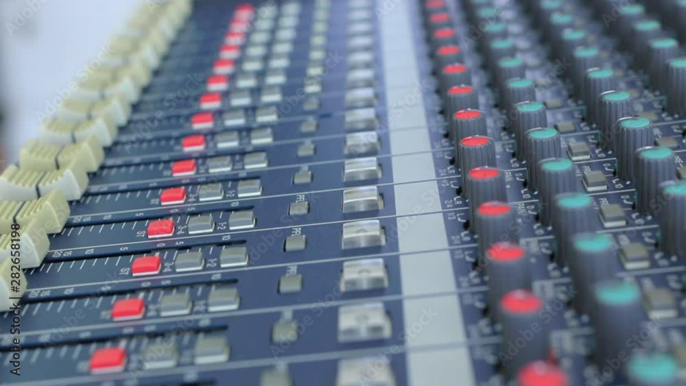Professional audio mixer with many channels, Musical player for tuning of stage close up Professional audio mixer with many channels, Musical player for tuning of stage close up