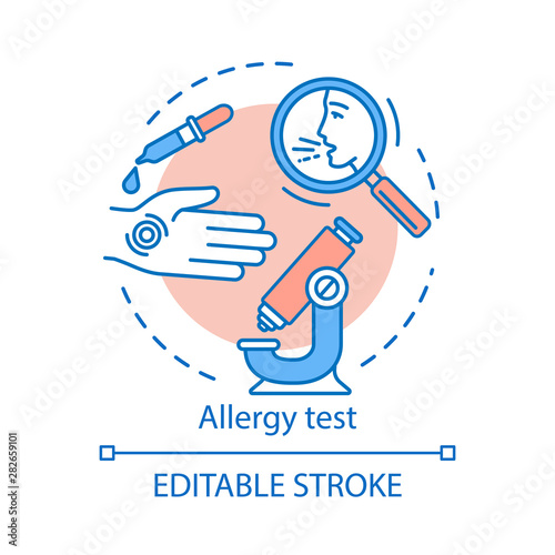 Allergy test concept icon. Allergic reaction diagnosis idea thin line illustration. Symptoms laboratory analysis. Allergic diseases identification. Vector isolated outline drawing. Editable stroke