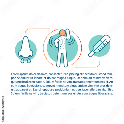 Allergy symptoms article page vector template. Skin rash, fever, rhinitis. Brochure, magazine, booklet design element with linear icons, text boxes. Print design. Concept illustrations with text space
