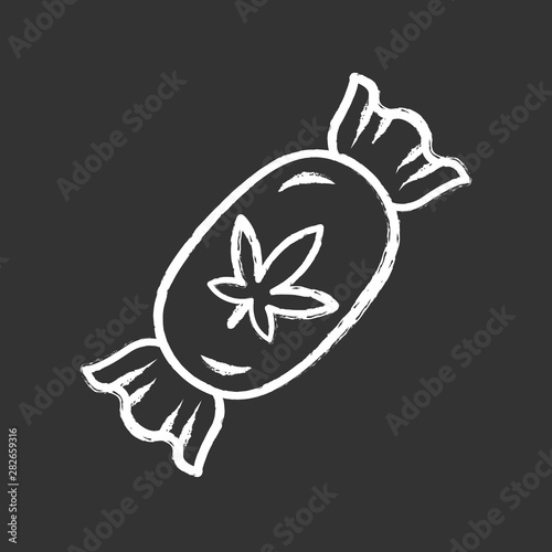 Marijuana hard candy chalk icon. Weed product. Cannabis industry. CBD lollipop. Relaxing sweetmeat. Hemp sweets. Alternative medication. Drug use. Isolated vector chalkboard illustration