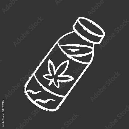 CBD drink chalk icon. Weed product. Cannabis industry. Ganja cocktail. Relaxing beverage. Bottle with herbal liquid. Marijuana legalization. Drug use. Isolated vector chalkboard illustration