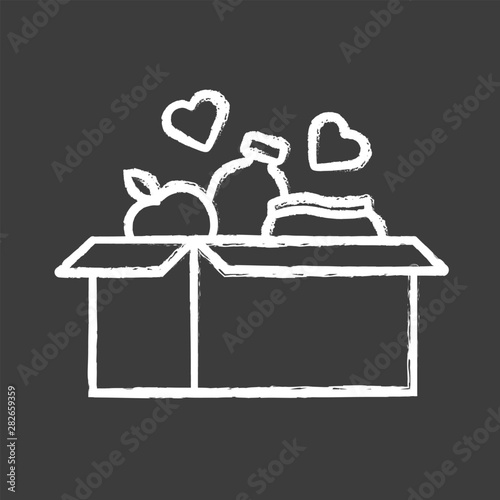 Food donations chalk icon. Charity food collection. Box with meal, hearts. Humanitarian volunteer activity. Helping people in need. Hunger support program. Isolated vector chalkboard illustration
