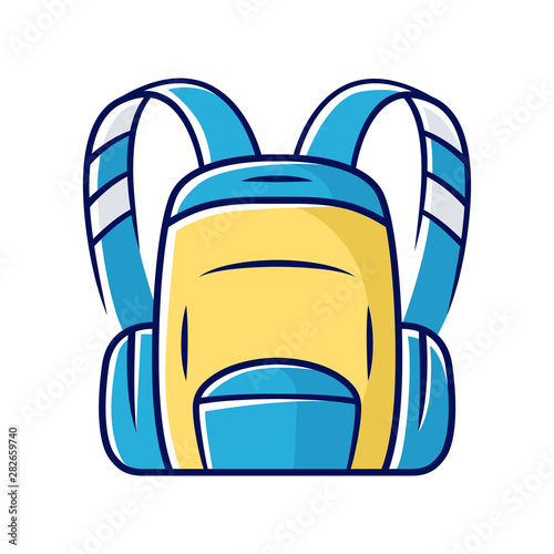 Backpack, hiking bag color icon. Carry on baggage, luggage. Travelling, tourism equipment, item. Camping, travel, trip bag, schoolbag, rucksack, knapsack. Isolated vector illustration