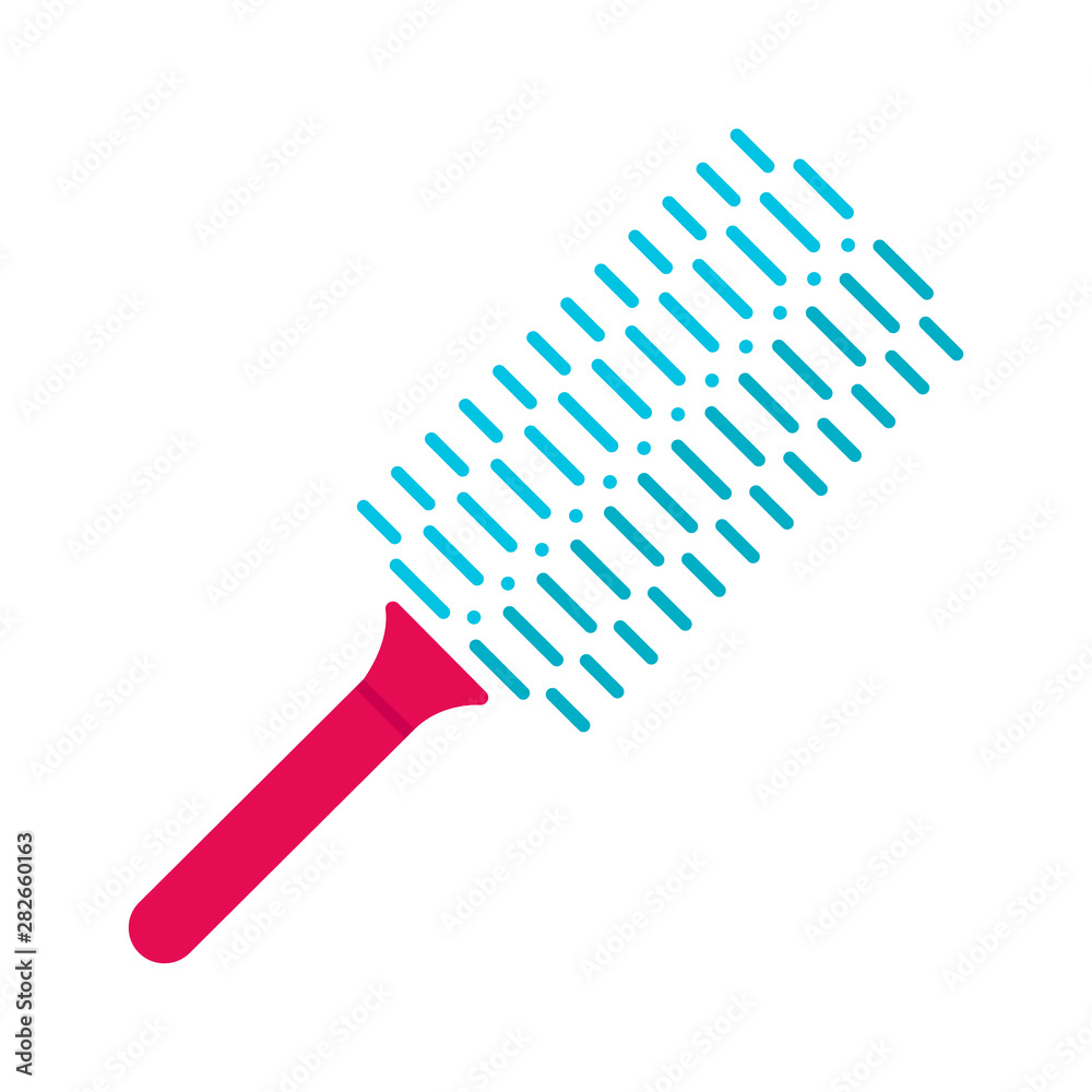 Comb flat design long shadow color icon. Round brush to make volume hairdo. Hairbrush for heat styling. Woman hairdress. Professional hair styling. Hairdresser tool. Vector silhouette illustration Comb flat design long shadow color icon. Round brush to make volume hairdo. Hairbrush for heat styling. Woman hairdress. Professional hair styling. Hairdresser tool. Vector silhouette illustration