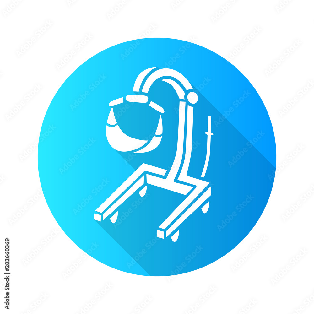 Patient lift flat design long shadow glyph icon. Physically disabled people lifter device. Transferring immobile hospital patient. Handicapped equipment, mobility aid. Vector silhouette illustration Patient lift flat design long shadow glyph icon. Physically disabled people lifter device. Transferring immobile hospital patient. Handicapped equipment, mobility aid. Vector silhouette illustration