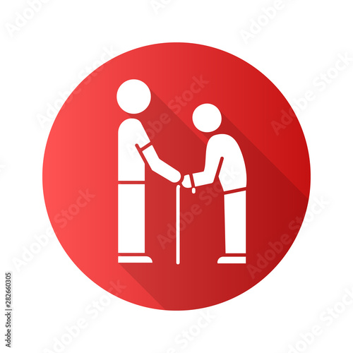 Elderly people help flat design long shadow glyph icon. Volunteer responsibility for old people. Caring about old parents. Man holds senior by hands. Vector silhouette illustration