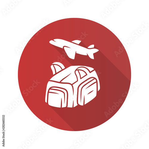 Flight, travelling bag flat design long shadow glyph icon. Carry on duffel luggage, baggage pack. Handbag for travel, tourism. Bag with handles, pockets. Vector silhouette illustration