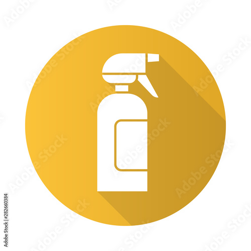 Spray bottle flat design long shadow glyph icon. Dump sprayer for hair. Hairdressing instrument. Professional hairstyling. Hairstylist accessory. Vector silhouette illustration