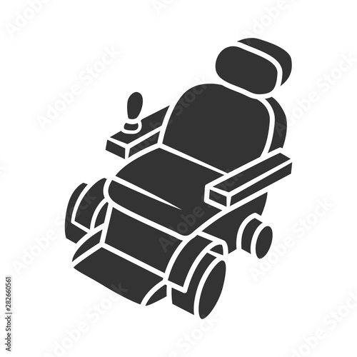 Motorized wheelchair glyph icon. Mobility aid device for physically disabled people. Transportation for handicapped person. Silhouette symbol. Negative space. Vector isolated illustration