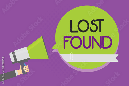 Text sign showing Lost Found. Conceptual photo Things that are left behind and may retrieve to the owner Man holding megaphone loudspeaker green speech bubble purple background photo