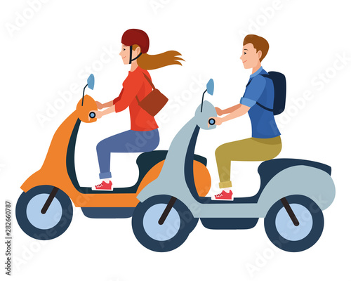 People riding scooters motorcycles cartoon