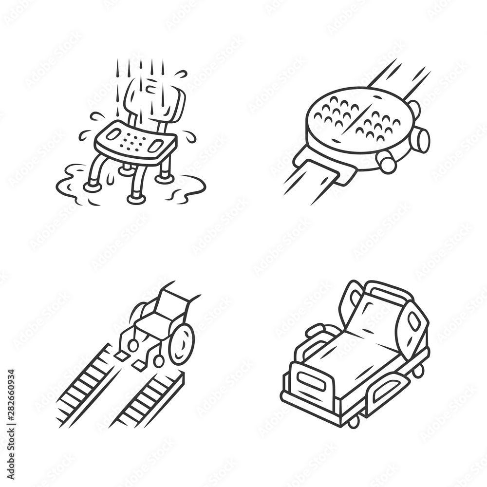 Plakat Disabled devices linear icons set. Shower chair, hospital bed, wheelchair ramp, braille smartwatch. Thin line contour symbols. Isolated vector outline illustrations. Editable stroke