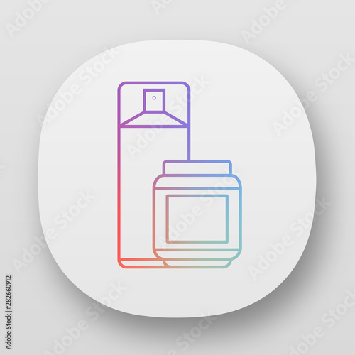 Hairspray and styling gel app icon. Hairstyling products. Means for fixing wet and dry hair. Professional hairstyling. UI/UX user interface. Web or mobile applications. Vector isolated illustrations
