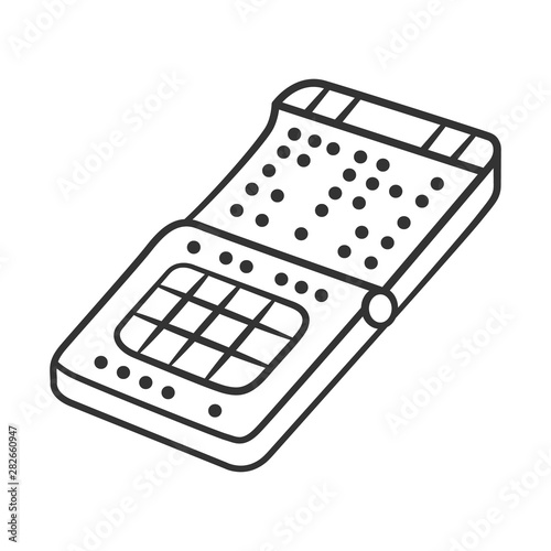 Braille print smartphone linear icon. Phone with braille, tactile display, screen. Blindness gadget technology. Thin line illustration. Contour symbol. Vector isolated outline drawing. Editable stroke