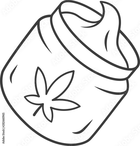 Hemp cream linear icon. Cannabis cosmetic product. Ganja distribution and sale. Jar of weed lotion. Thin line illustration. Contour symbol. Vector isolated outline drawing. Editable stroke