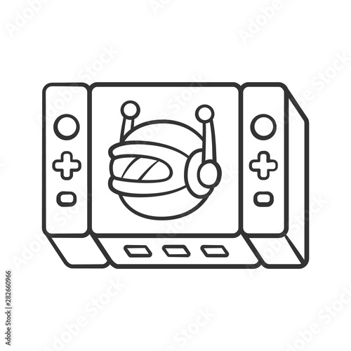 Game bot linear icon. Artificial intelligence software algorithms. Virtual reality. Non-player character. NPC. Thin line illustration. Contour symbol. Vector isolated outline drawing. Editable stroke