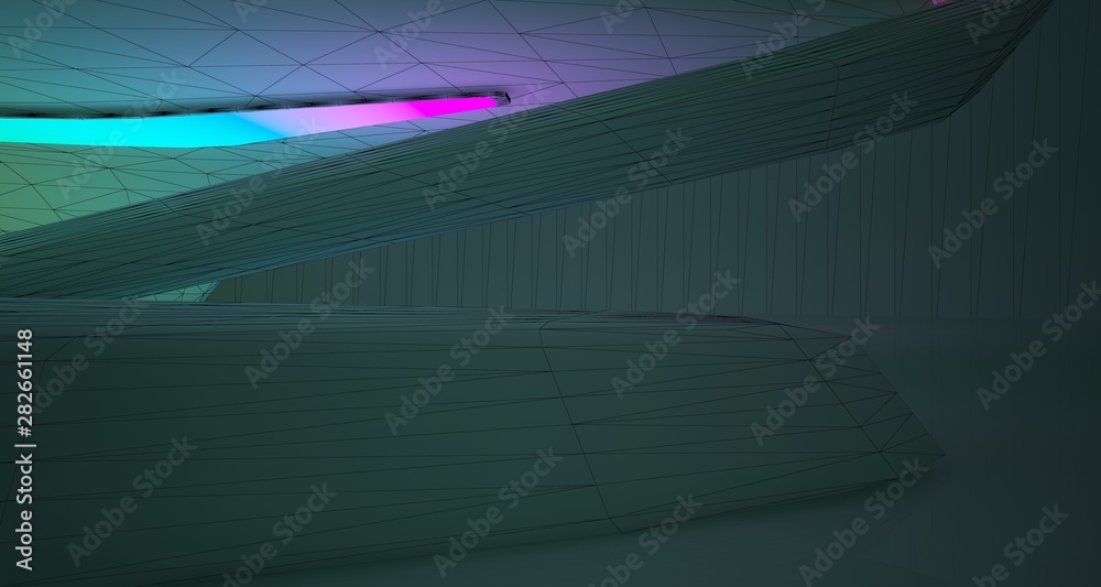 Abstract architectural drawing  interior of a minimalist house with color gradient neon lighting. 3D illustration and rendering.