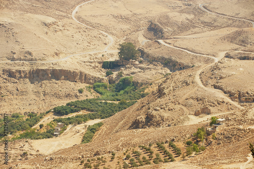 Desert mountain landscape seen from Mount Nebo, Jordan.