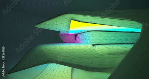 Abstract architectural drawing  interior of a minimalist house with color gradient neon lighting. 3D illustration and rendering.