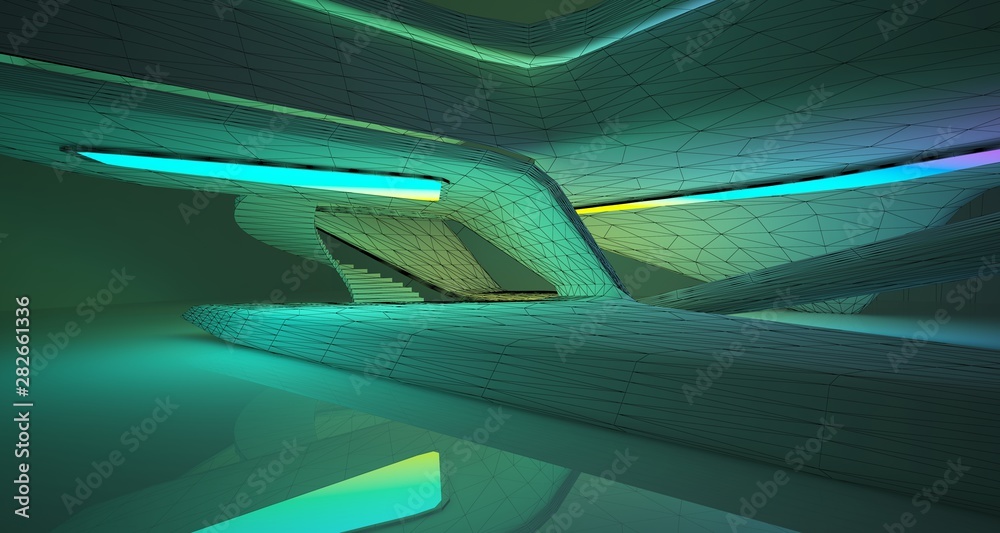 Abstract architectural drawing  interior of a minimalist house with color gradient neon lighting. 3D illustration and rendering.