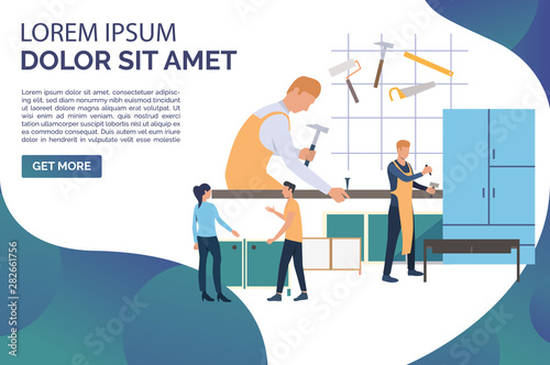 Craft people working with tools in blue frame. Male cartoon characters producing furniture. Text sample. Vector illustration for promo, poster, online class