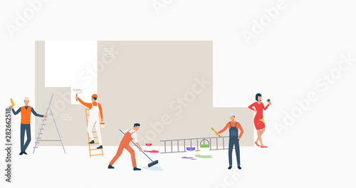 Group of builders with tools painting wall. Male and female cartoon characters working at construction site. Vector illustration for repair service, promotion, banner