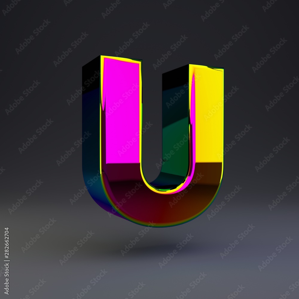 Holographic 3d letter U uppercase. Glossy font with multicolor reflections and shadow isolated on black background. Holographic 3d letter U uppercase. Glossy font with multicolor reflections and shadow isolated on black background.