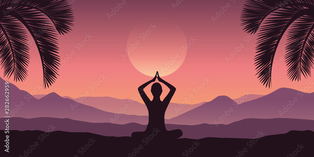 peaceful meditation at tropical red mountain landscape in purple colors vector illustration EPS10