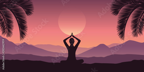 peaceful meditation at tropical red mountain landscape in purple colors vector illustration EPS10