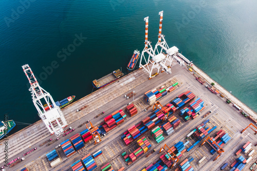 Aerial view Harbor Container ship About international exports.