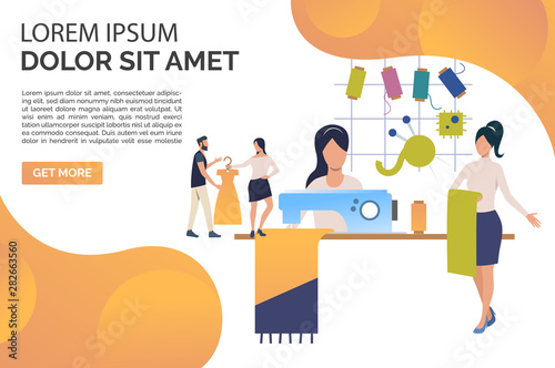 Women working with fabrics with orange frame and text sample. Seamstress cartoon characters sewing in workshop. Can be used for advertising, placard, career