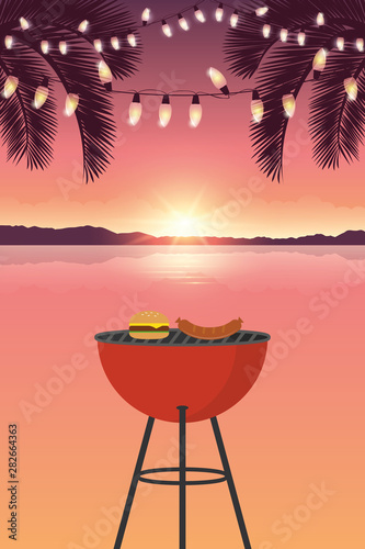 bbq on the beach at sunset with fairy light and palm trees vector illustration EPS10