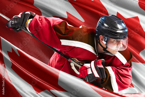 Canada Hockey Player in action around national flags