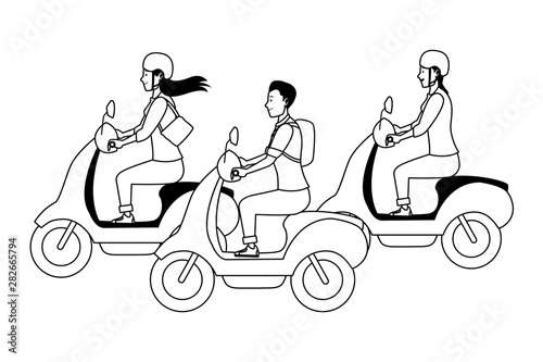 People riding scooters motorcycles cartoon in black and white