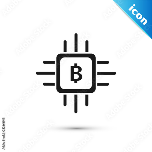 Black CPU mining farm icon isolated on white background. Bitcoin sign inside processor. Cryptocurrency mining community. Digital money. Vector Illustration