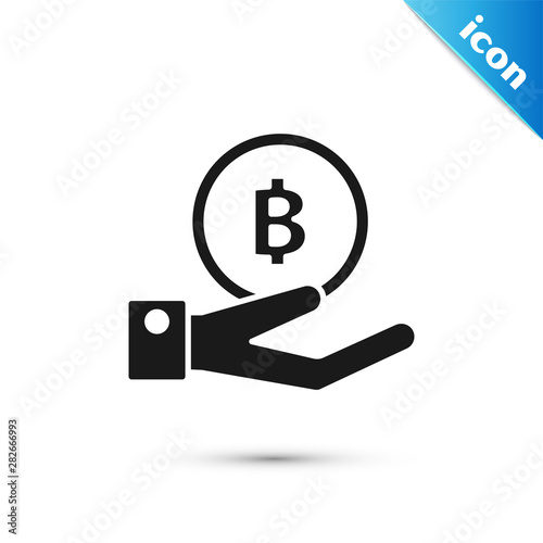 Black Hand holding Bitcoin icon isolated on white background. Blockchain technology, digital money market, cryptocoin wallet. Vector Illustration
