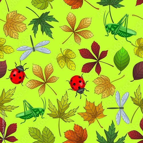 Seamless pattern - leaves and insects on a green background © alexandralarina