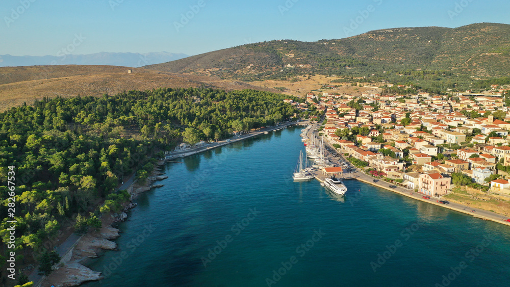 Aerial drone photo from picturesque seaside fishing village and port of historic Galaxidi, Fokida, Greece