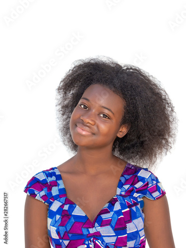Beautiful teenager girl smiling and wearing an colorful top (fifteen years old), isolated, white background