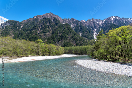 Azusa river and hotaka mountain at Kamikochi in Northern Japan Alps.