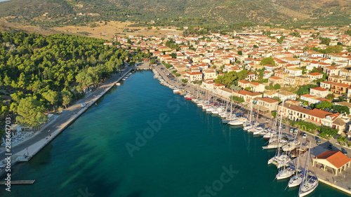 Aerial drone photo from picturesque seaside fishing village and port of historic Galaxidi, Fokida, Greece