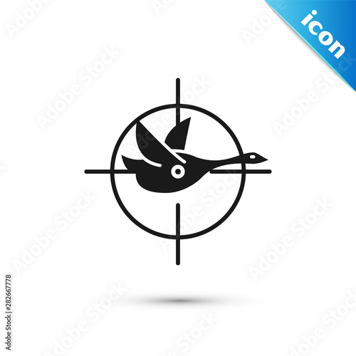 Black Hunt on duck with crosshairs icon isolated on white background. Hunting club logo with duck and target. Rifle lens aiming a duck. Vector Illustration