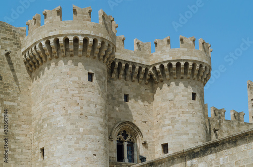 Turrets of the Grand Palace in the old medieval part of Rhodes town in Greece