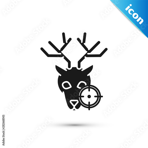 Black Hunt on deer with crosshairs icon isolated on white background. Hunting club logo with deer and target. Rifle lens aiming a deer. Vector Illustration