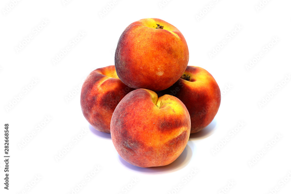 Juicy fresh peaches on white background close up isolated