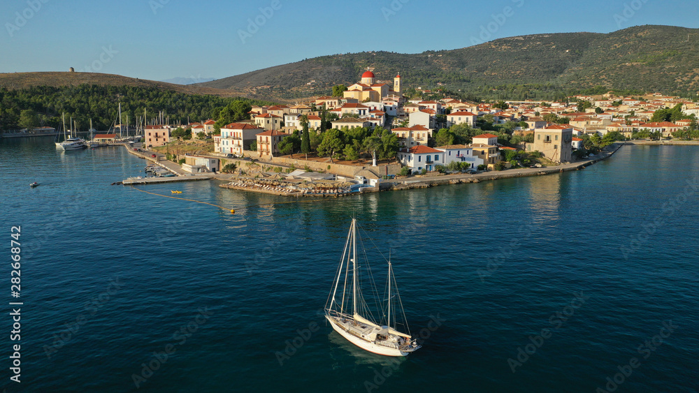Aerial drone photo from picturesque seaside fishing village and port of historic Galaxidi, Fokida, Greece