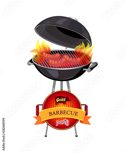 Grill barbecue party brazier with flames and fire. Cooking sausages on griddle of mangal, frying pan with pig. Pork meat cooking isolated vector